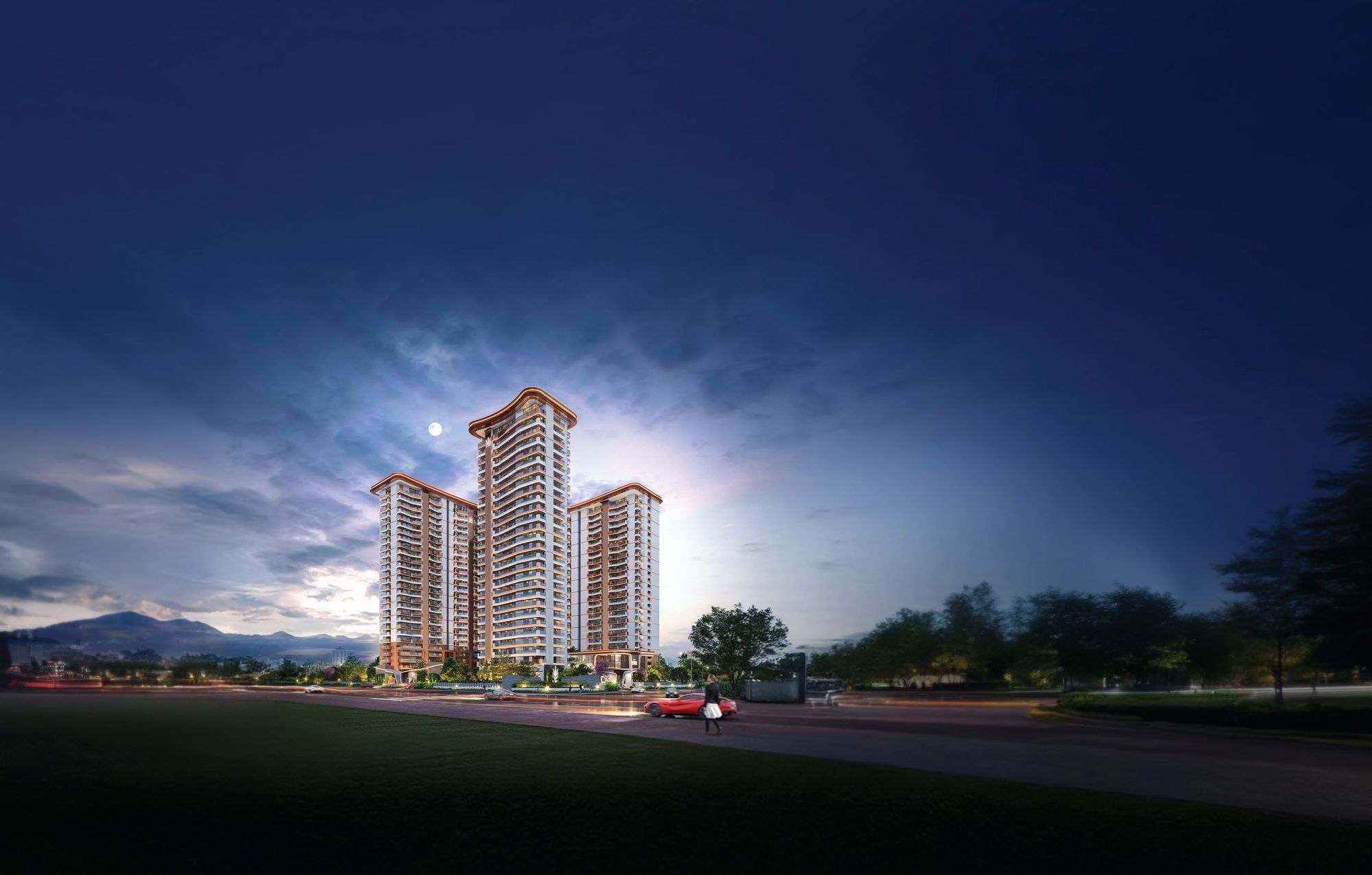 The Tiara towers at twilight